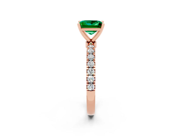 Rose gold Princess Cut Emerald Solitaire Ring with Pavé Accents and Four-Prong Setting