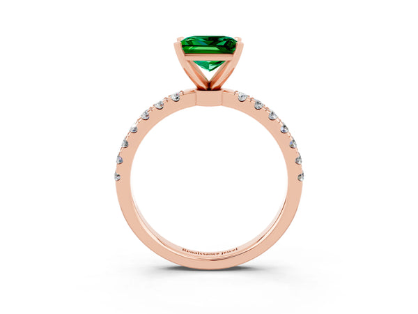 Rose gold Princess Cut Emerald Solitaire Ring with Pavé Accents and Four-Prong Setting