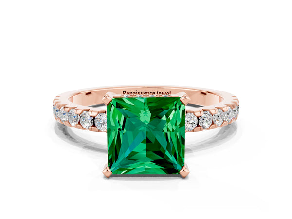 Rose gold Princess Cut Emerald Solitaire Ring with Round  Pavé Band and Four-Prong Setting