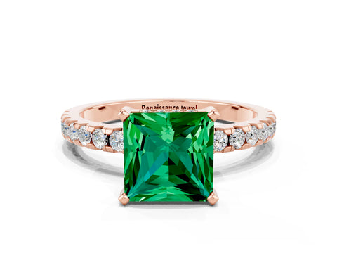 Rose gold Princess Cut Emerald Solitaire Ring with Pavé Band and Four-Prong Setting_12