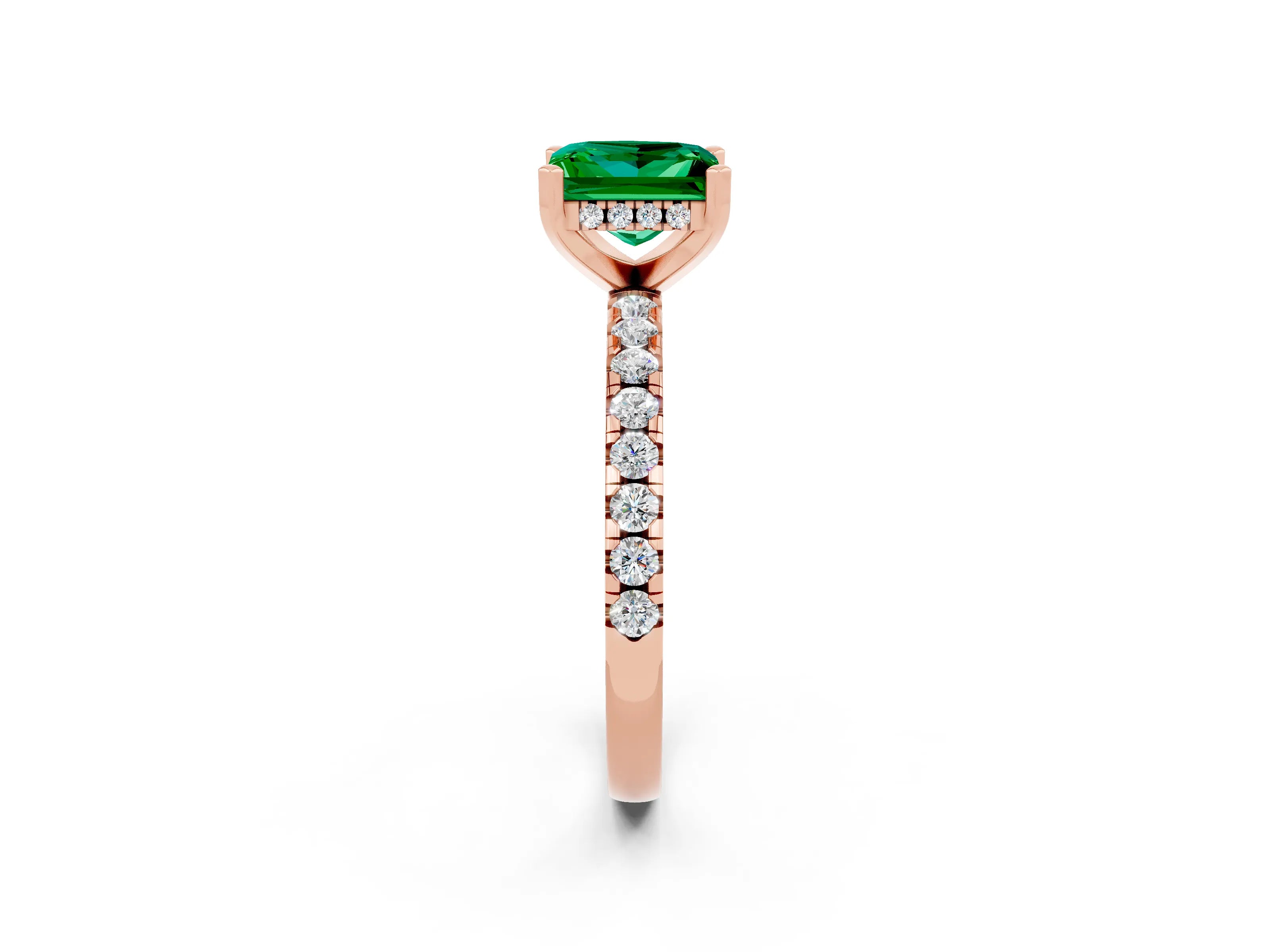 Rose gold Princess Cut Emerald Solitaire Ring with Pavé Band and Four-Prong Setting_14