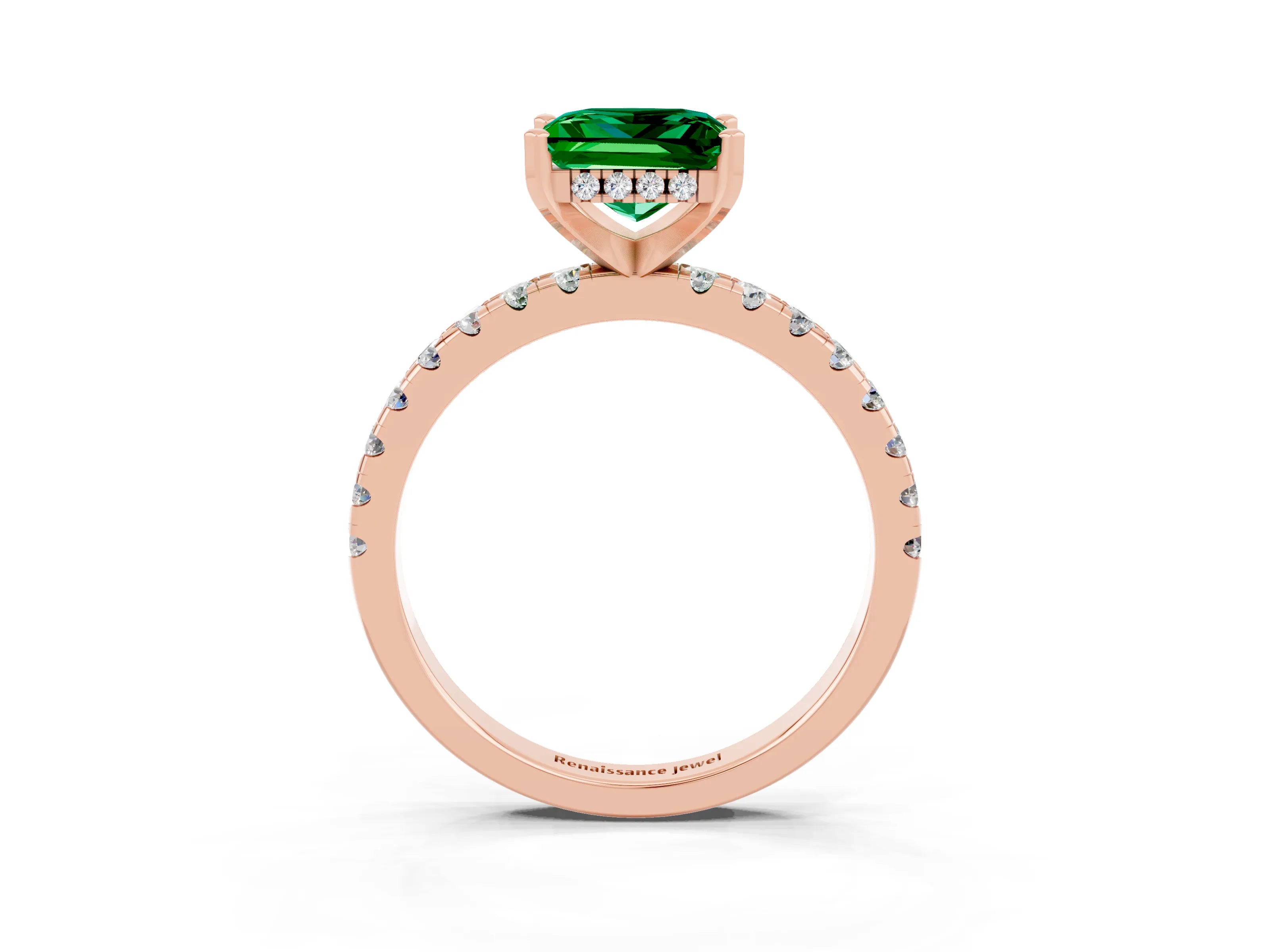Rose gold Princess Cut Emerald Solitaire Ring with Pavé Band and Four-Prong Setting_15