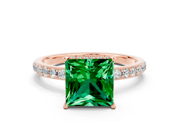Rose gold Princess Cut Emerald Solitaire Ring with Pavé Band and Hidden Halo