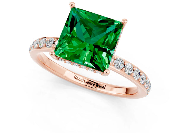 Rose gold Princess Cut Emerald Solitaire Ring with Pavé Band and Hidden Halo