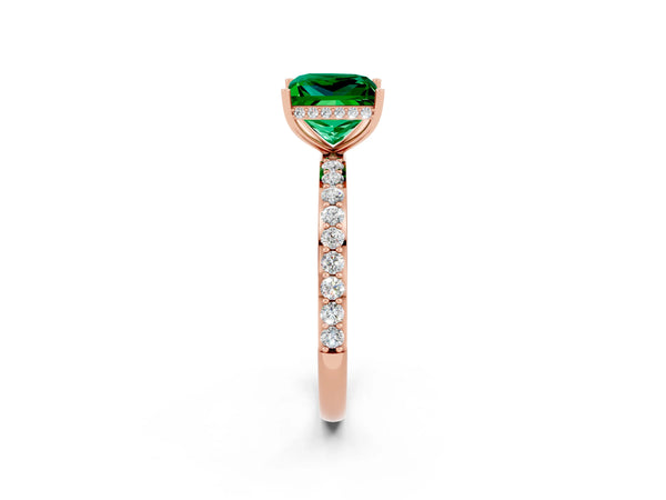 Rose gold Princess Cut Emerald Solitaire Ring with Pavé Band and Hidden Halo