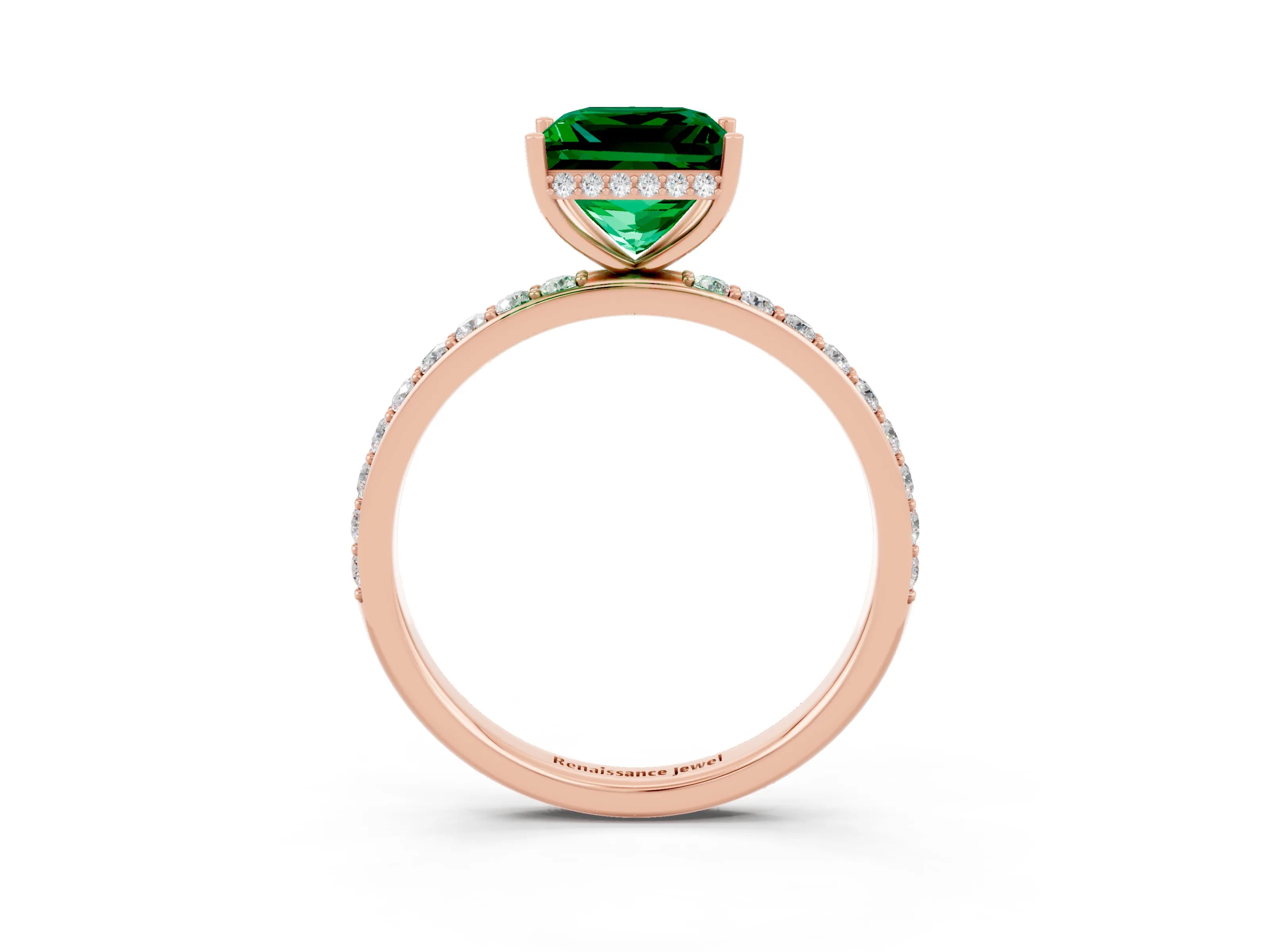 Rose gold Princess Cut Emerald Solitaire Ring with Pavé Band and Hidden Halo_15