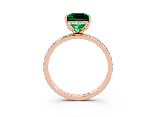 Rose gold Princess Cut Emerald Solitaire Ring with Pavé Band and Hidden Halo