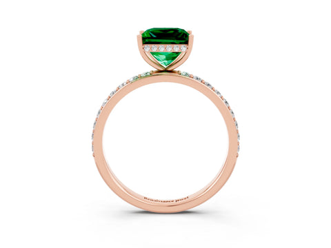Rose gold Princess Cut Emerald Solitaire Ring with Pavé Band and Hidden Halo_15
