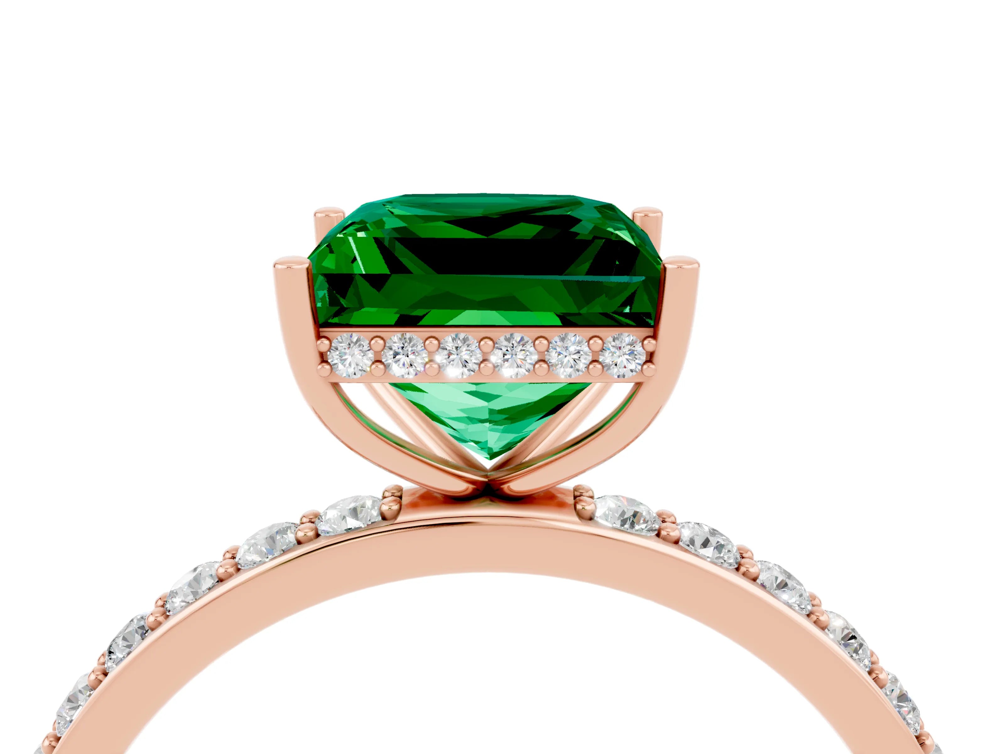 Rose gold Princess Cut Emerald Solitaire Ring with Pavé Band and Hidden Halo_16