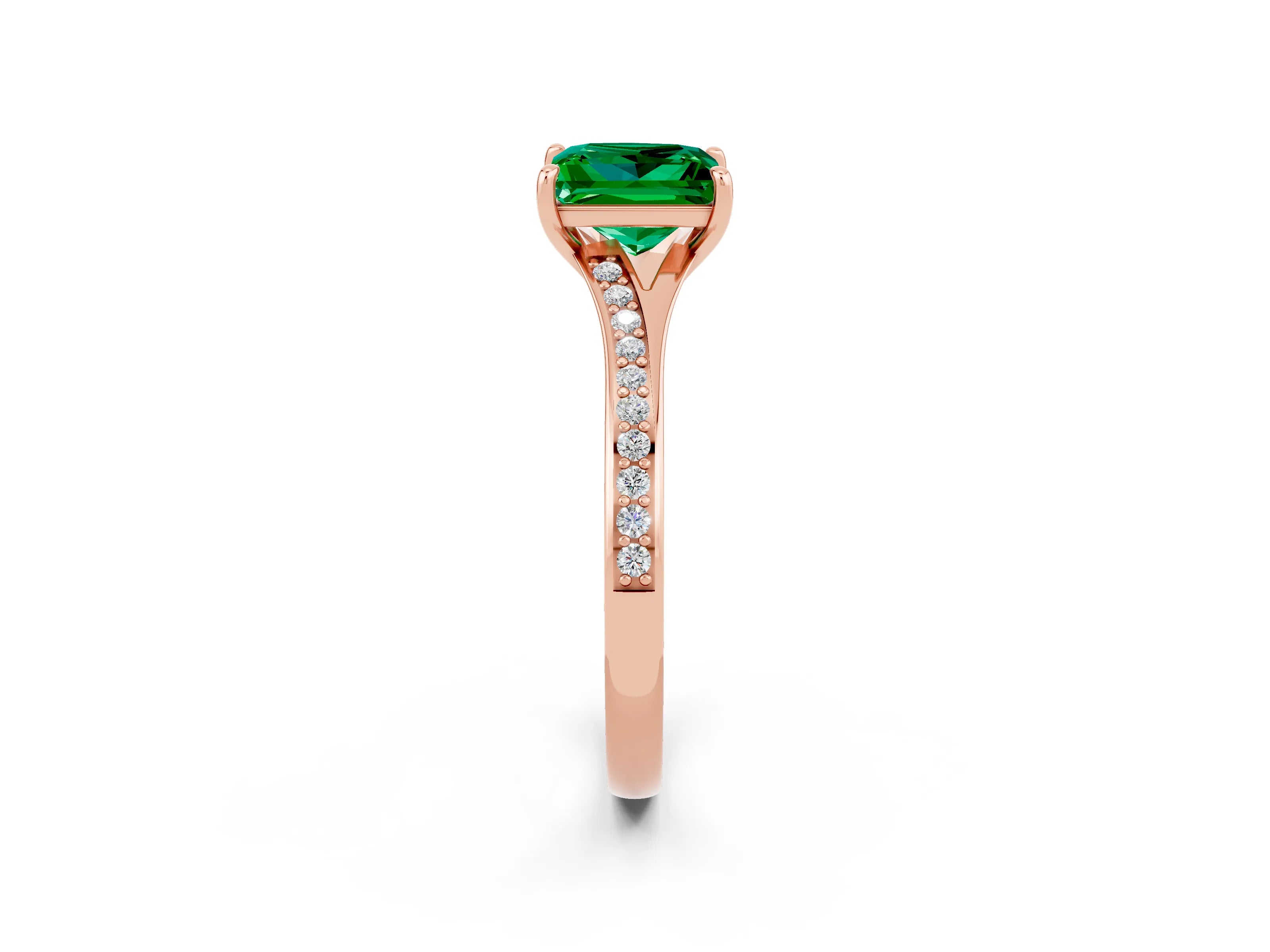 Rose gold Princess Cut Emerald Solitaire Ring with Pavé Band and Prong Setting_14