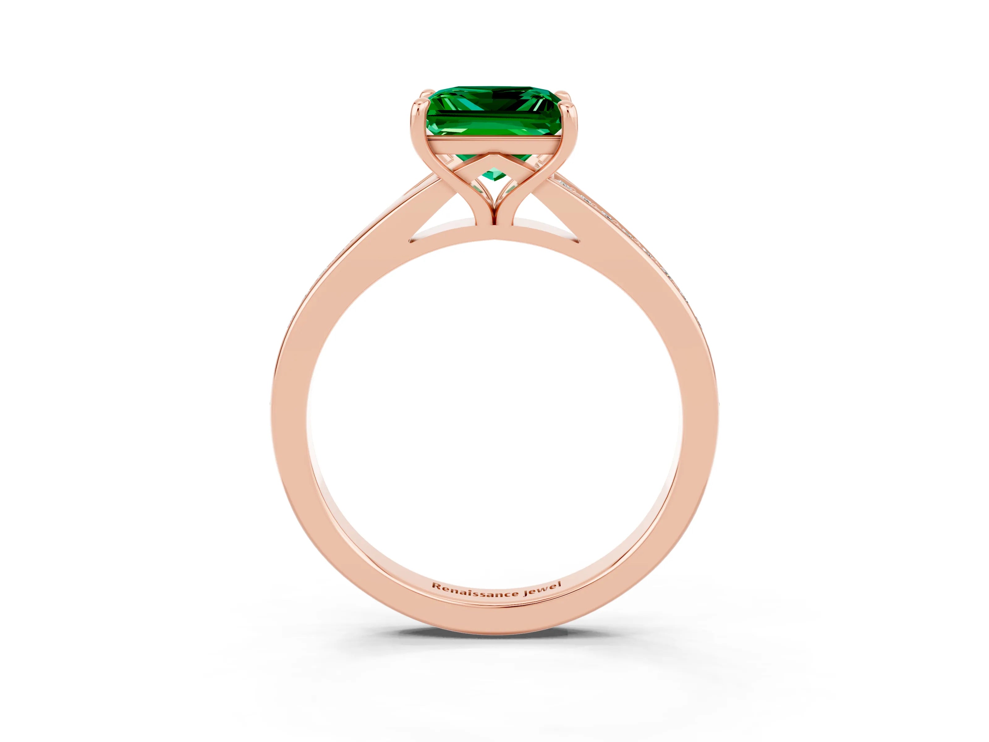 Rose gold Princess Cut Emerald Solitaire Ring with Pavé Band and Prong Setting_15