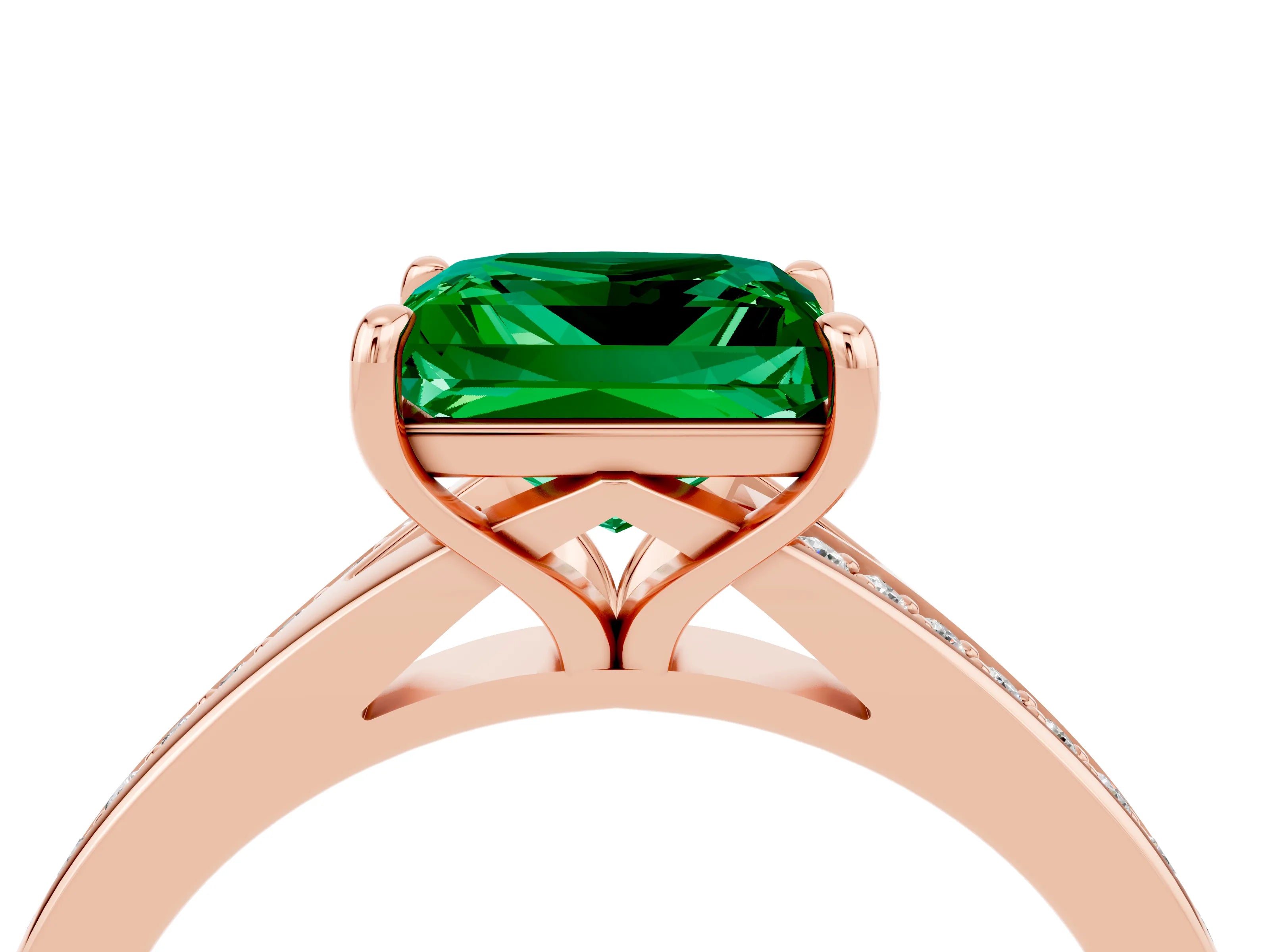 Rose gold Princess Cut Emerald Solitaire Ring with Pavé Band and Prong Setting_16