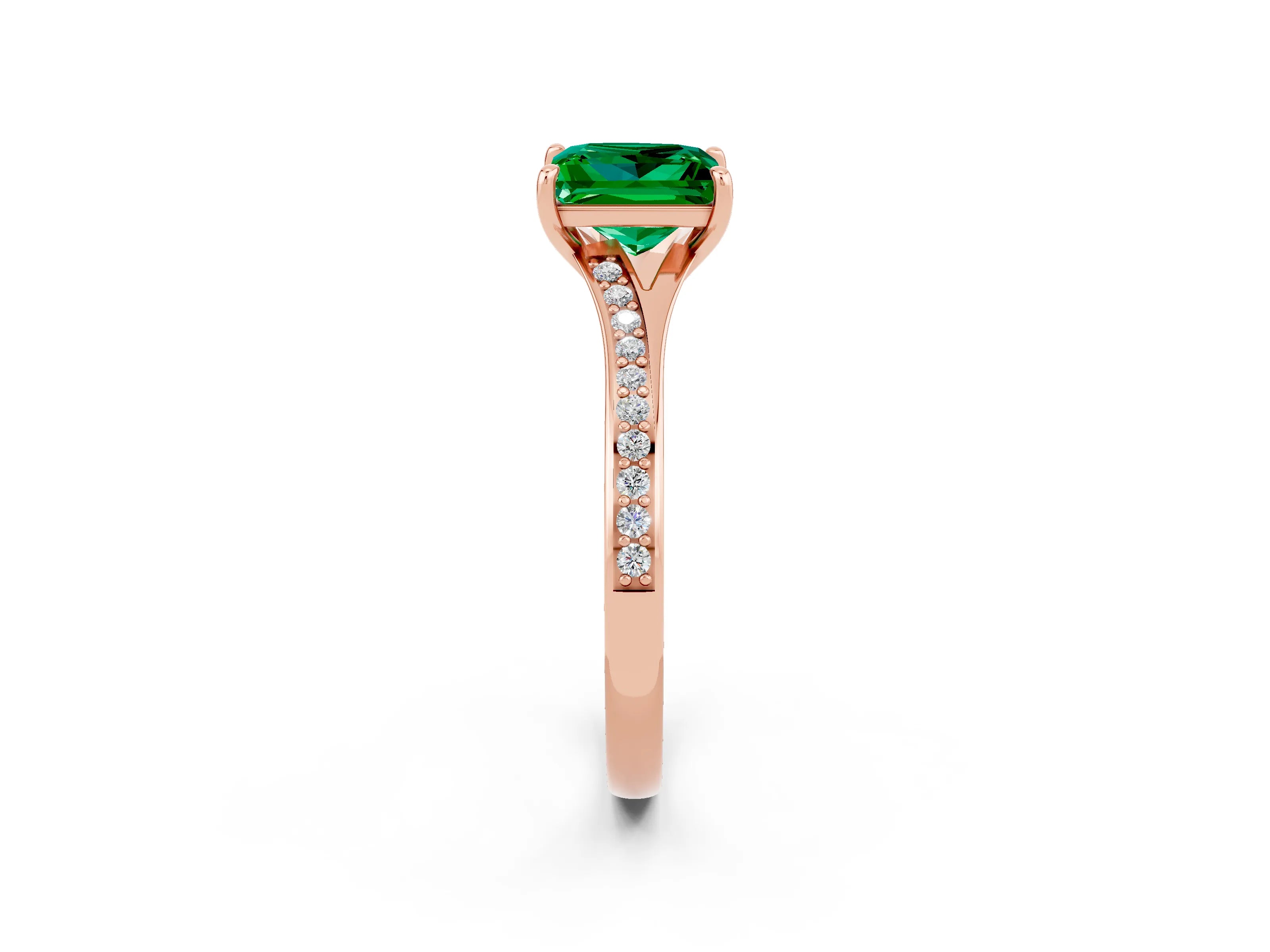 Rose gold Princess Cut Emerald Solitaire Ring with Pavé Band and Prong Setting_2