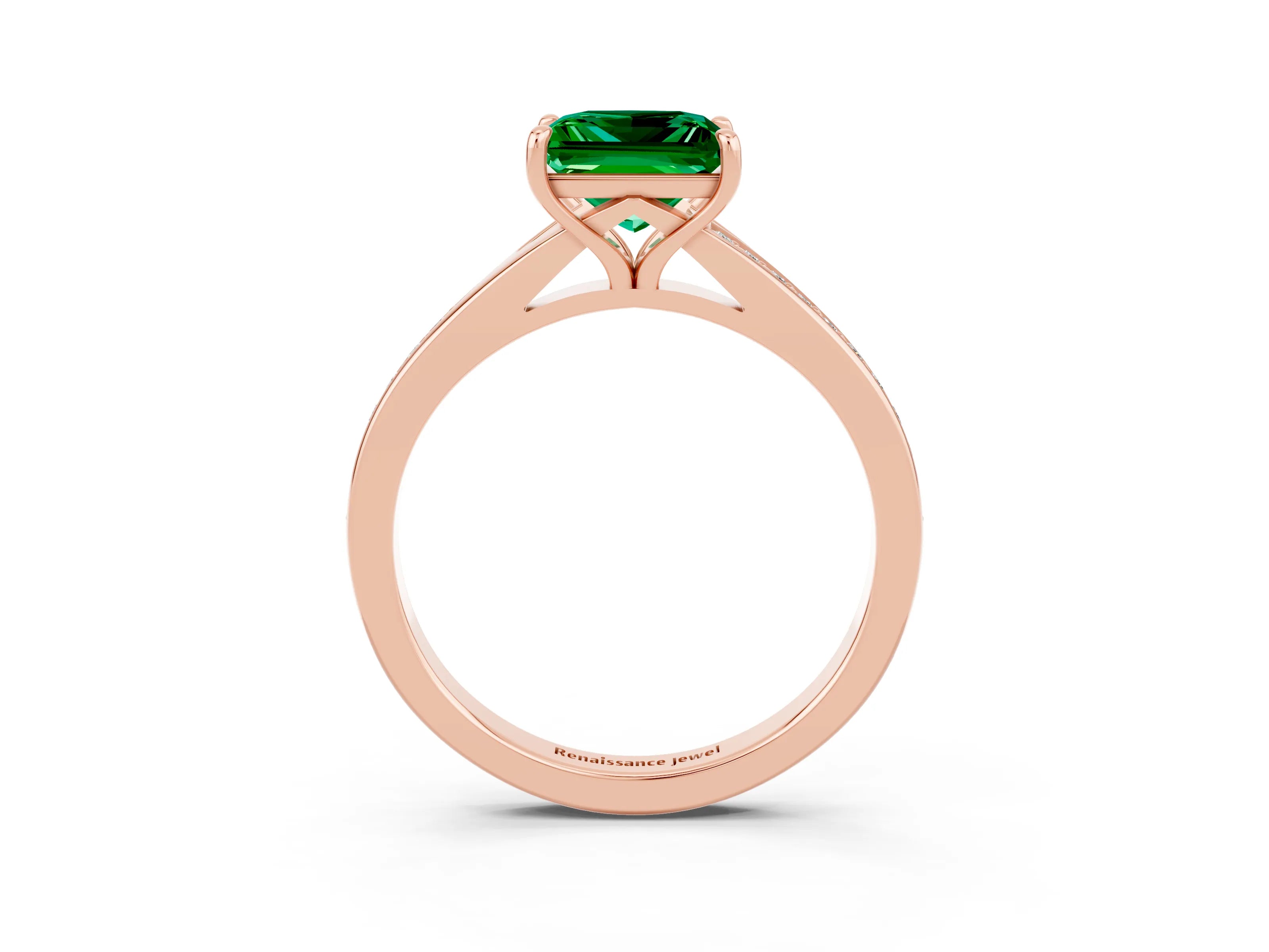 Rose gold Princess Cut Emerald Solitaire Ring with Pavé Band and Prong Setting_3