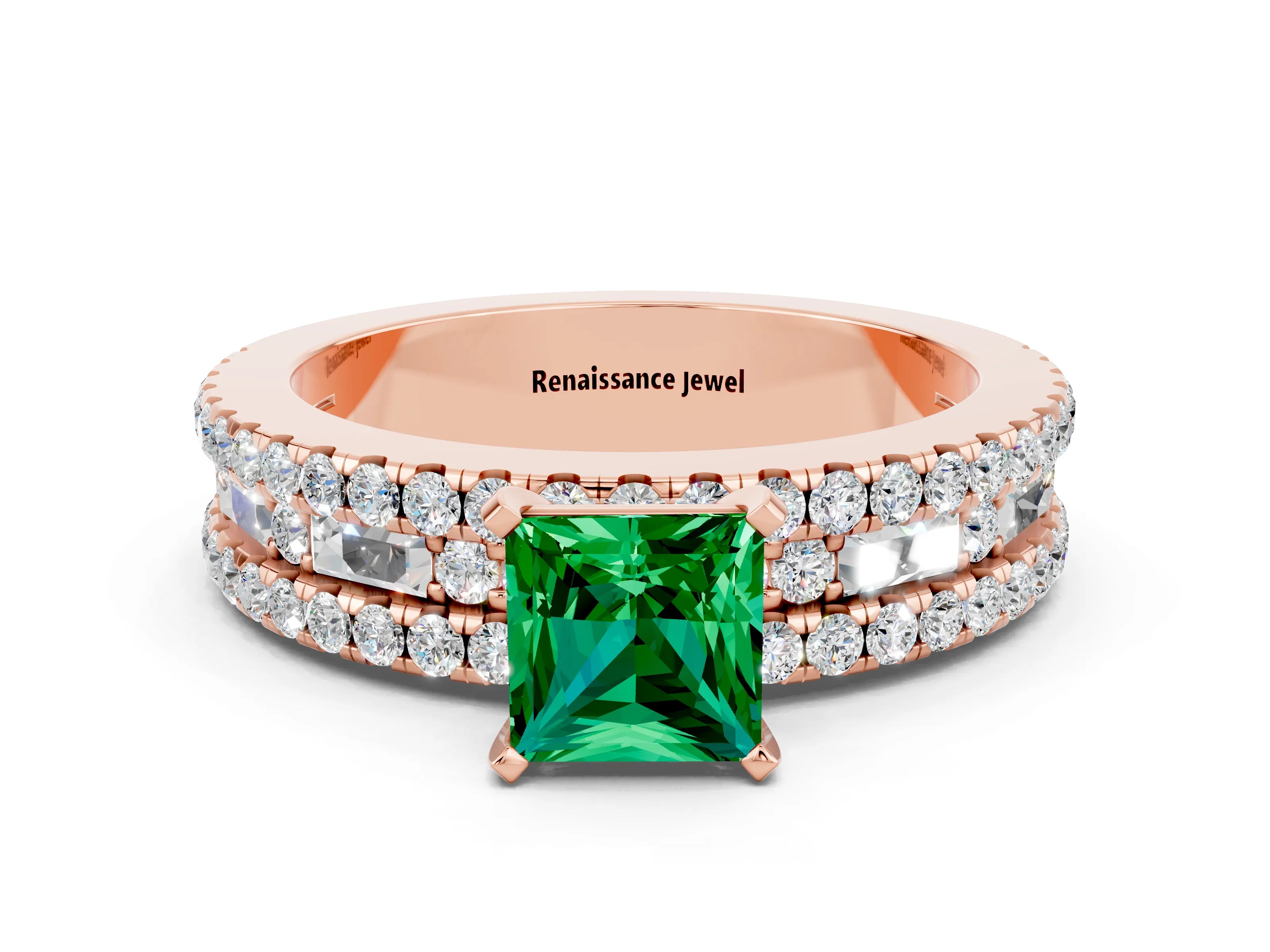 Rose gold Princess Cut Emerald Solitaire Ring with Pavé and Channel Set Band
