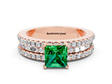 Rose gold Princess Cut Emerald Solitaire Ring with Pavé and Channel Set Band