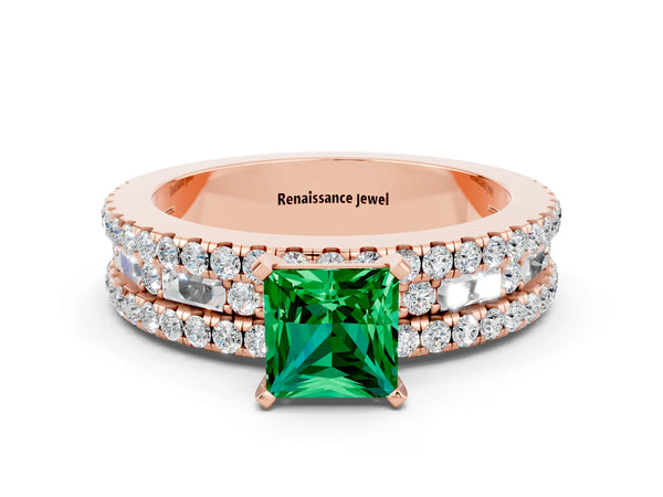 Rose gold Princess Cut Emerald Solitaire Ring with Pavé and Channel Set Band