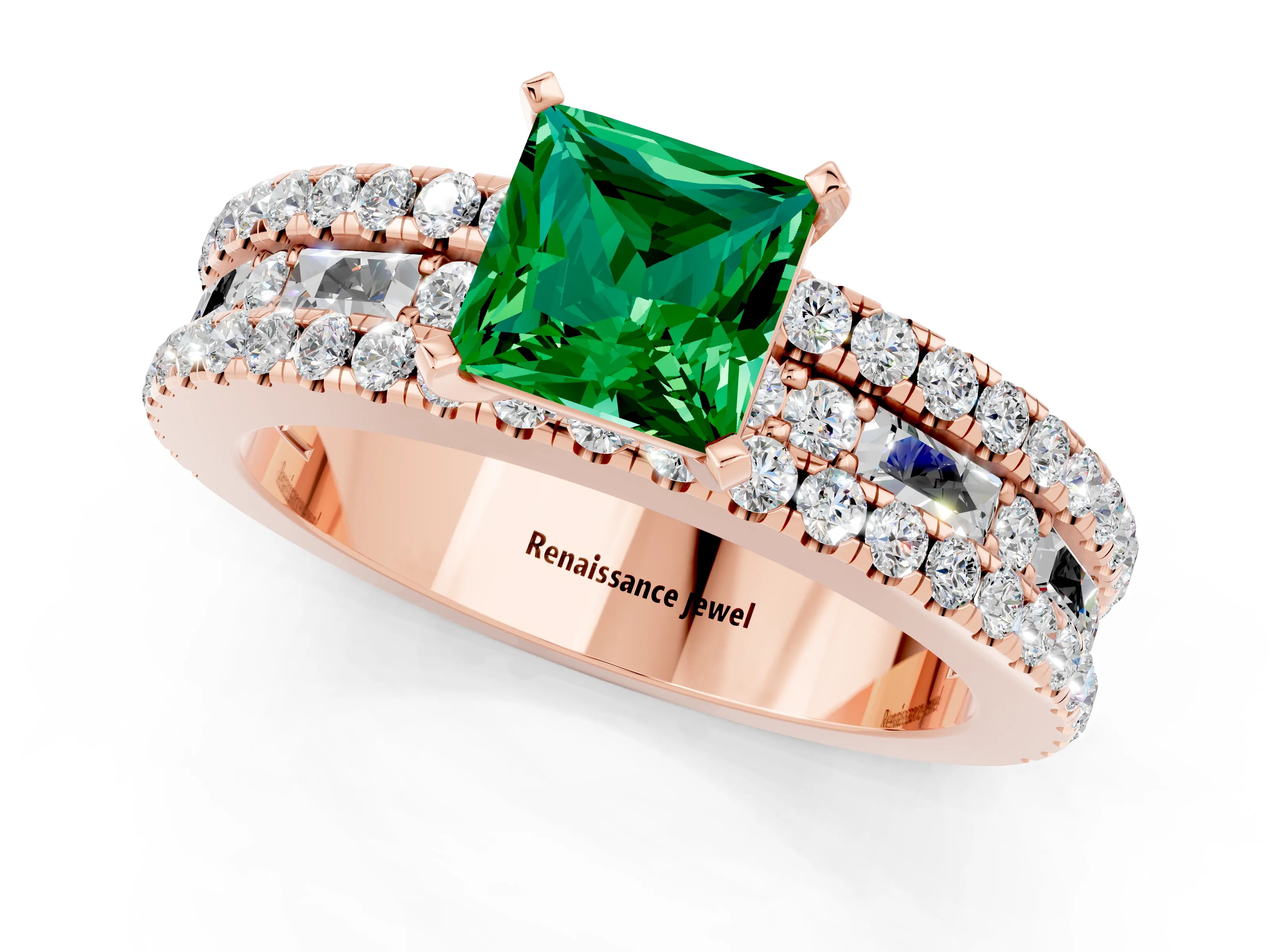 Rose gold Princess Cut Emerald Solitaire Ring with Pavé and Channel Set Band_1