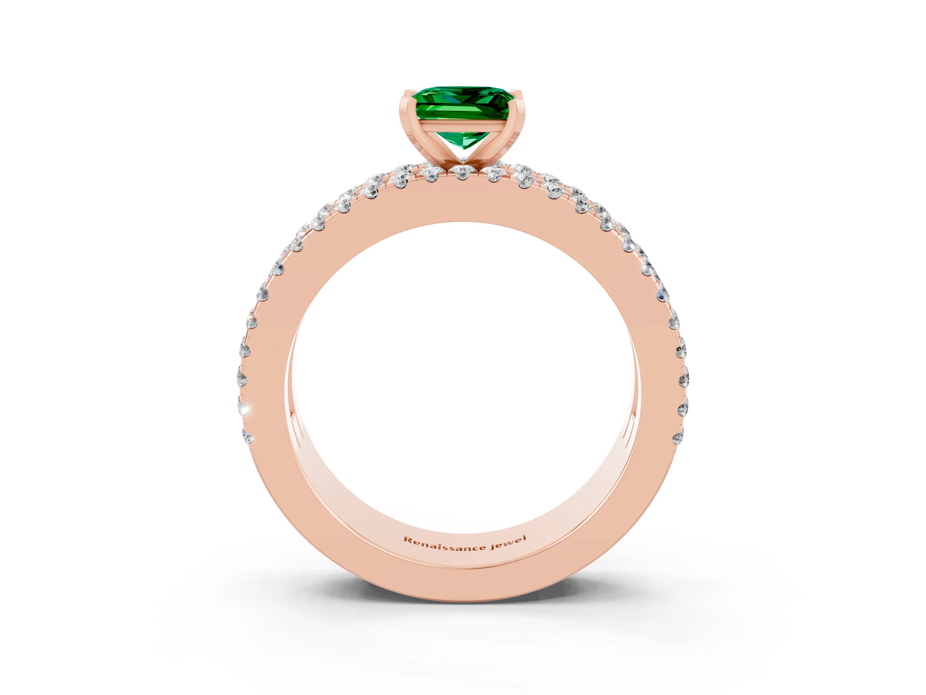 Rose gold Princess Cut Emerald Solitaire Ring with Pavé and Channel Set Band_3