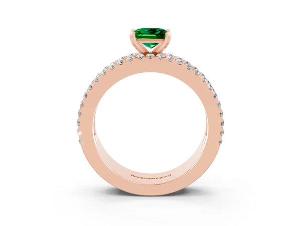 Rose gold Princess Cut Emerald Solitaire Ring with Pavé and Channel Set Band
