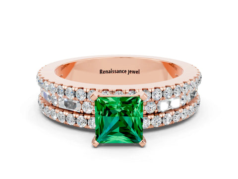 Rose gold Princess Cut Emerald Solitaire Ring with Pavé and Channel Set Band