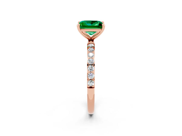 Rose gold Princess Cut Emerald Solitaire Ring with Round  Pavé Band and Prong Setting