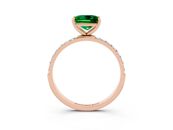 Rose gold Princess Cut Emerald Solitaire Ring with Round  Pavé Band and Prong Setting