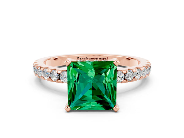 Rose gold Princess Cut Emerald Solitaire Ring with Round  Pavé Band and Four-Prong Setting