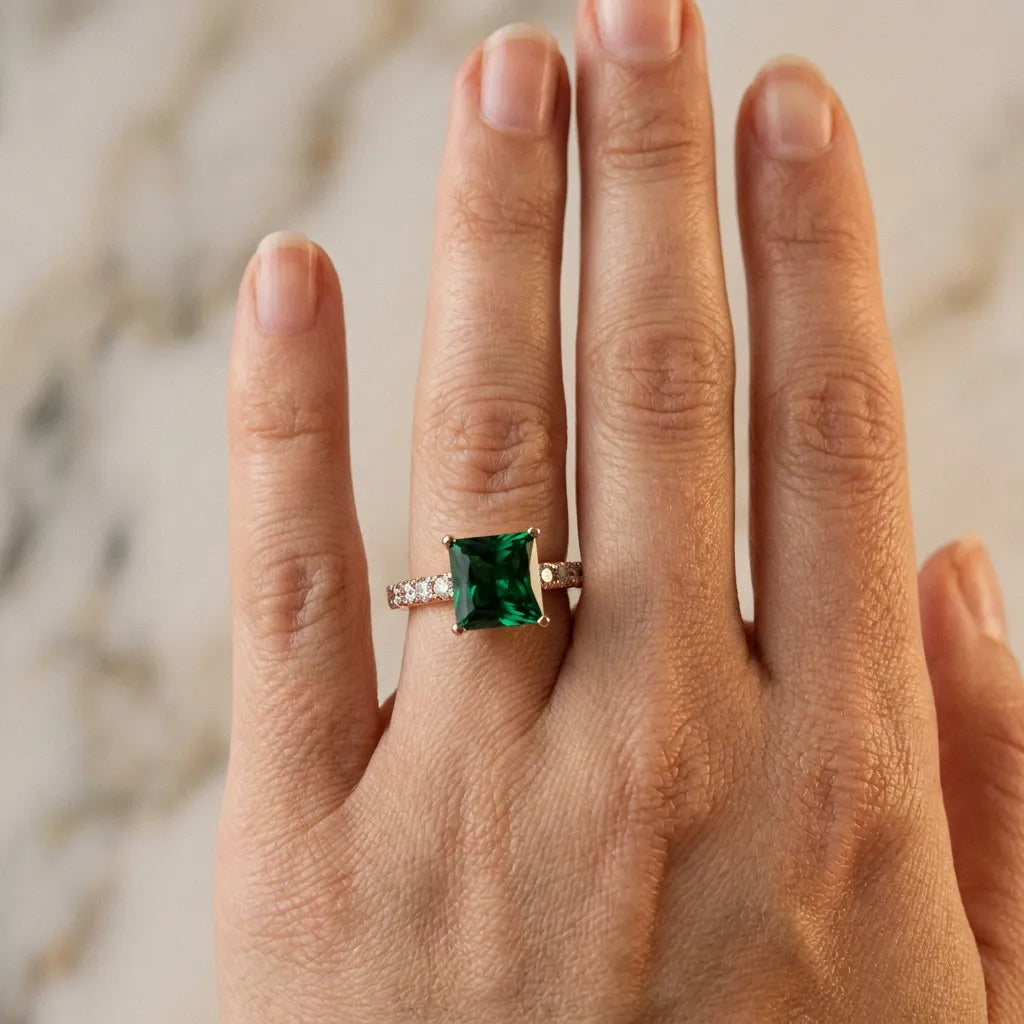Rose gold Princess Cut Emerald Solitaire Ring with Round  Pavé Band and Four-Prong Setting_30
