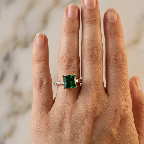 Rose gold Princess Cut Emerald Solitaire Ring with Round  Pavé Band and Four-Prong Setting