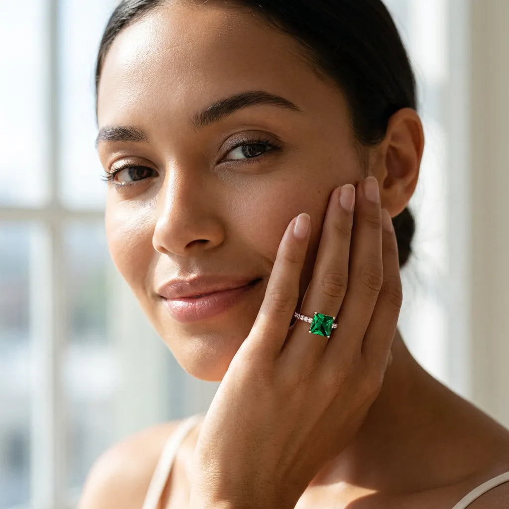 Rose gold Princess Cut Emerald Solitaire Ring with Round  Pavé Band and Four-Prong Setting_31