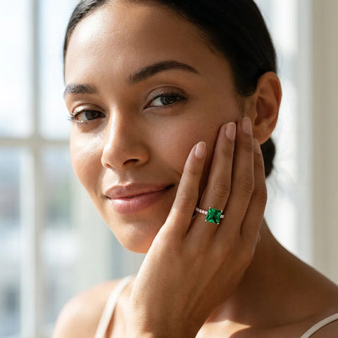 Rose gold Princess Cut Emerald Solitaire Ring with Round  Pavé Band and Four-Prong Setting_31