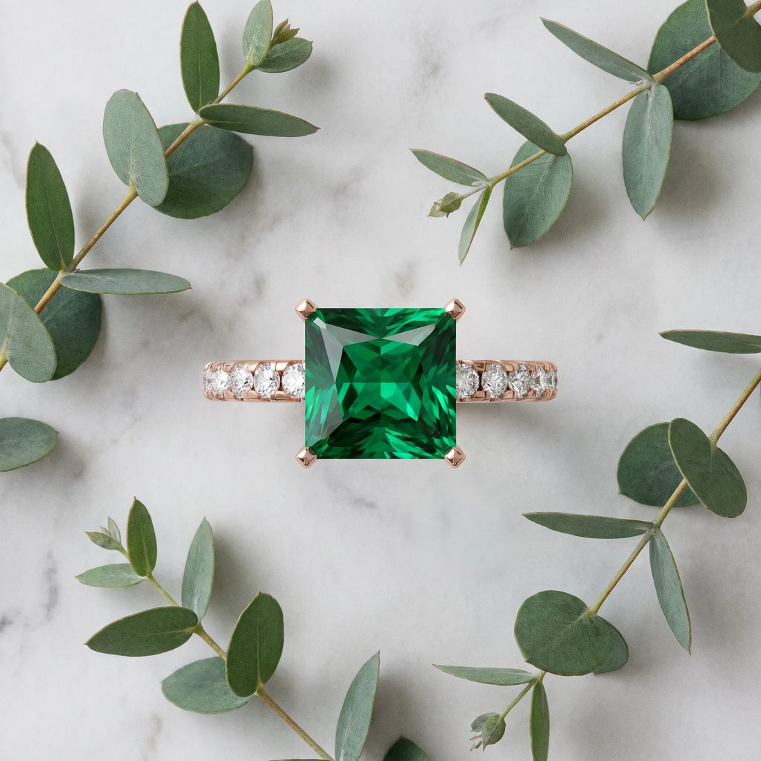 Rose gold Princess Cut Emerald Solitaire Ring with Round  Pavé Band and Four-Prong Setting_33