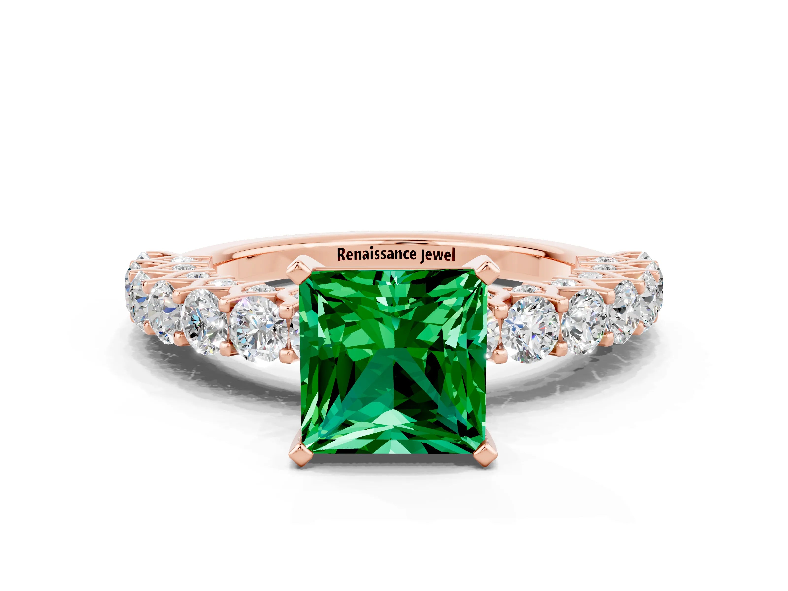 Rose gold Princess Cut Emerald Solitaire Ring with Shared Prong Pavé Band and Four-Prong Setting