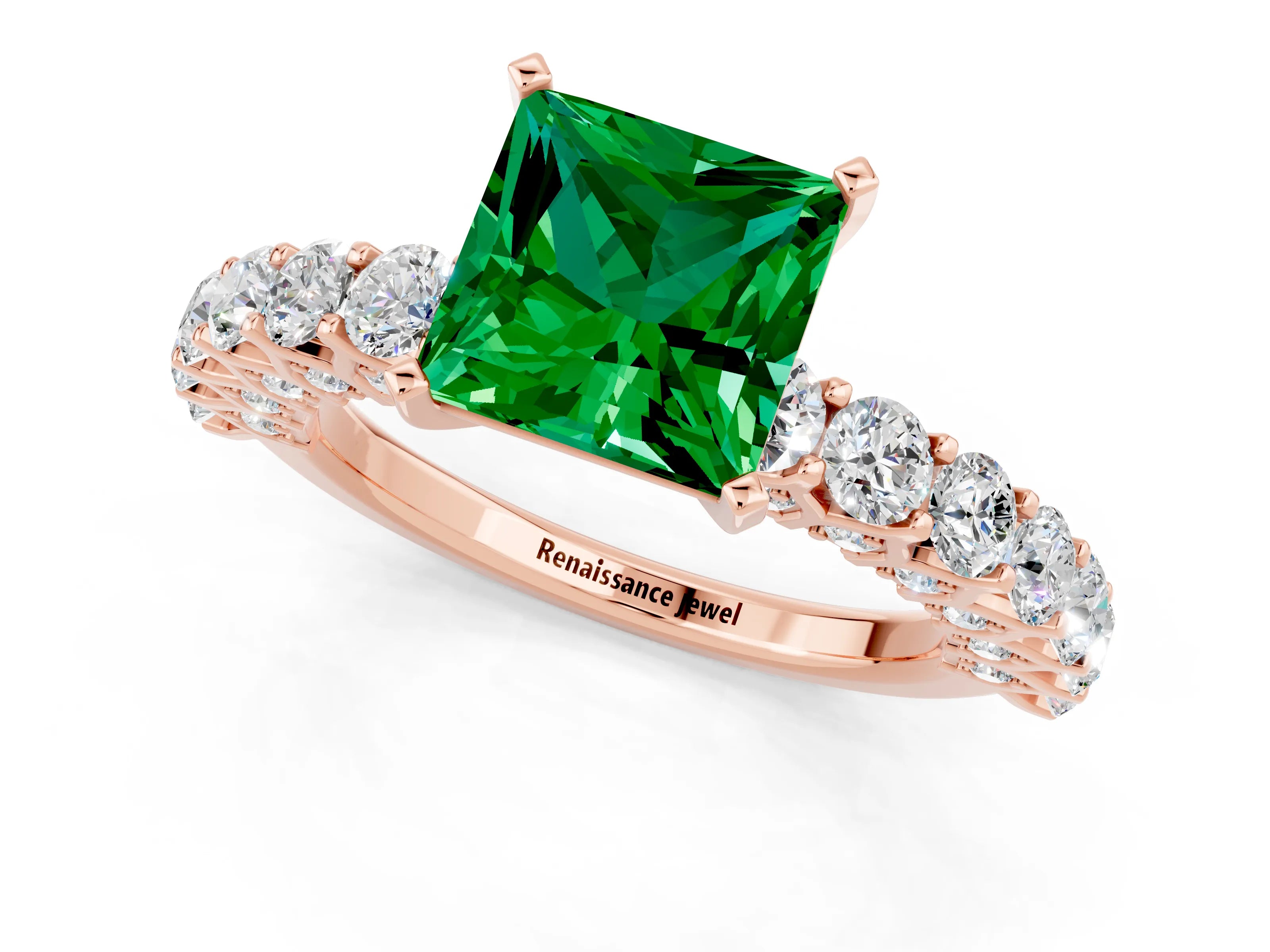 Rose gold Princess Cut Emerald Solitaire Ring with Shared Prong Pavé Band and Four-Prong Setting_1