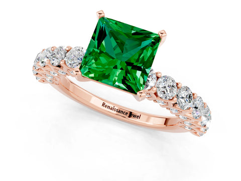 Rose gold Princess Cut Emerald Solitaire Ring with Shared Prong Pavé Band and Four-Prong Setting_1