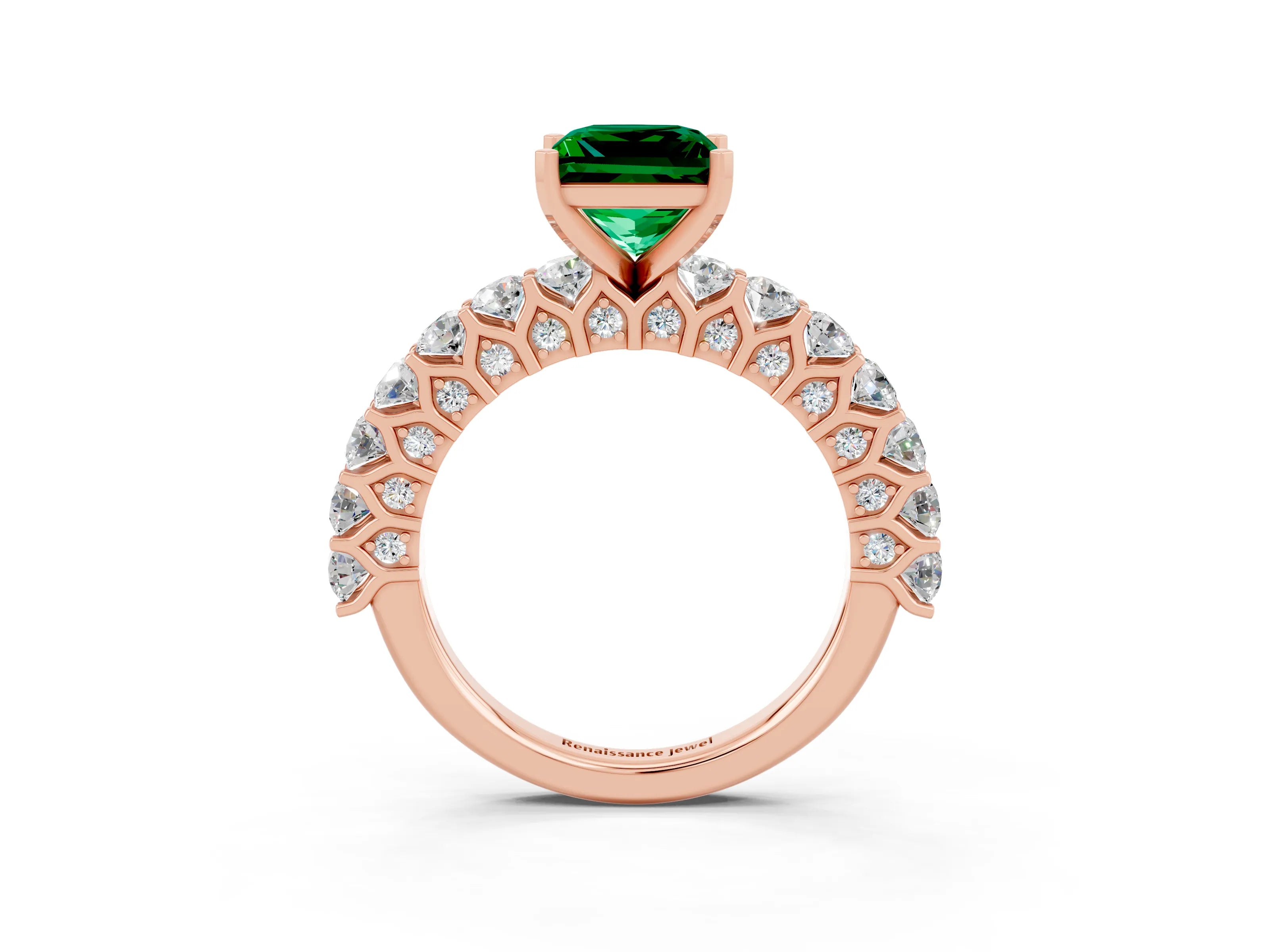 Rose gold Princess Cut Emerald Solitaire Ring with Shared Prong Pavé Band and Four-Prong Setting_3