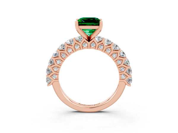 Rose gold Princess Cut Emerald Solitaire Ring with Shared Prong Pavé Band and Four-Prong Setting