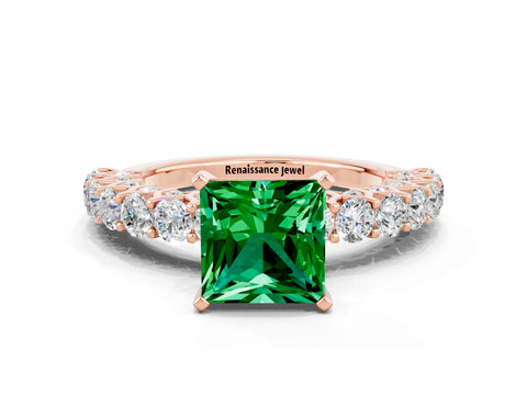Rose gold Princess Cut Emerald Solitaire Ring with Shared Prong Pavé Band and Four-Prong Setting