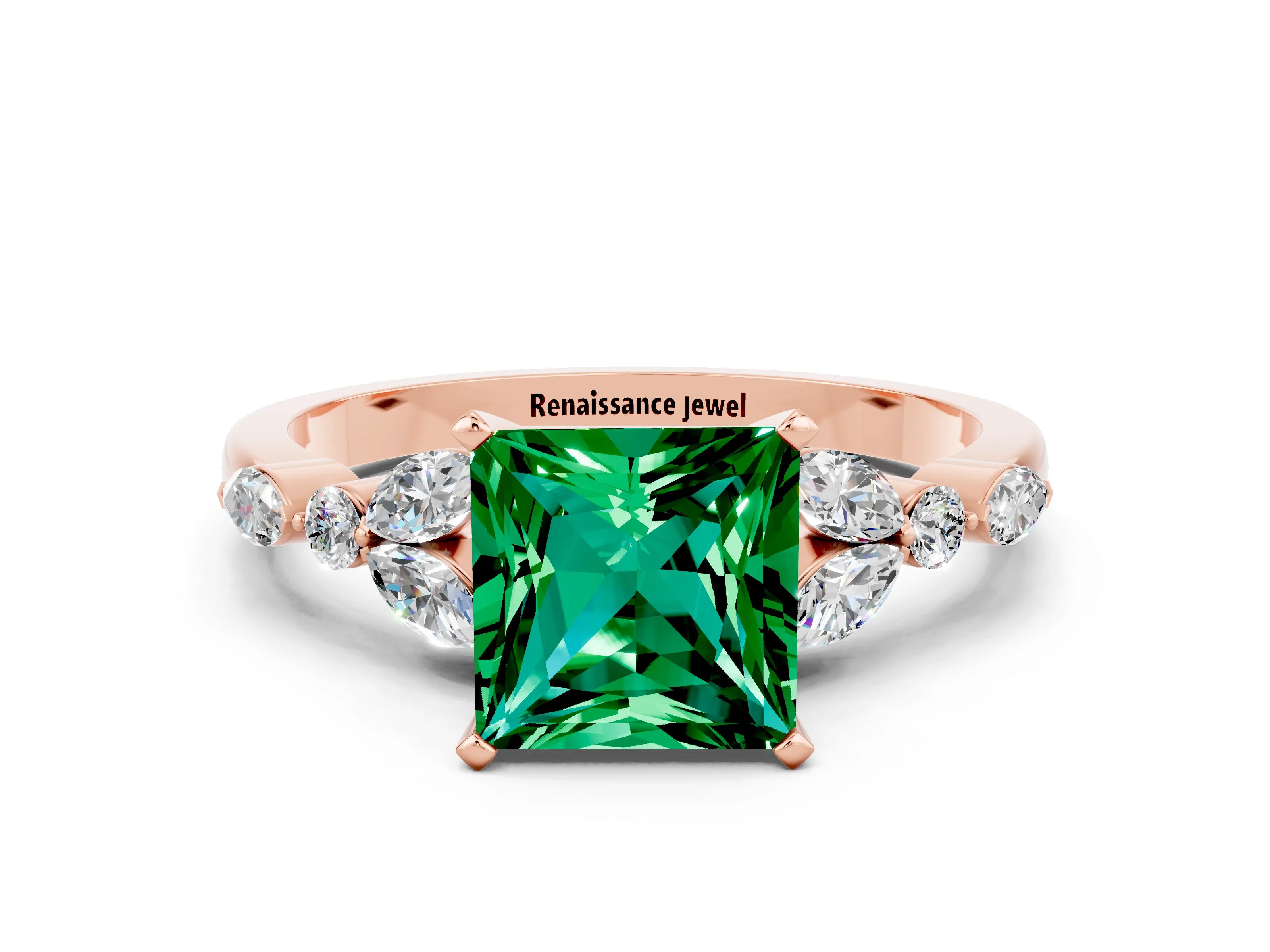 Rose gold Princess Cut Emerald Solitaire Ring with Side Stones and Four-Prong Setting_12