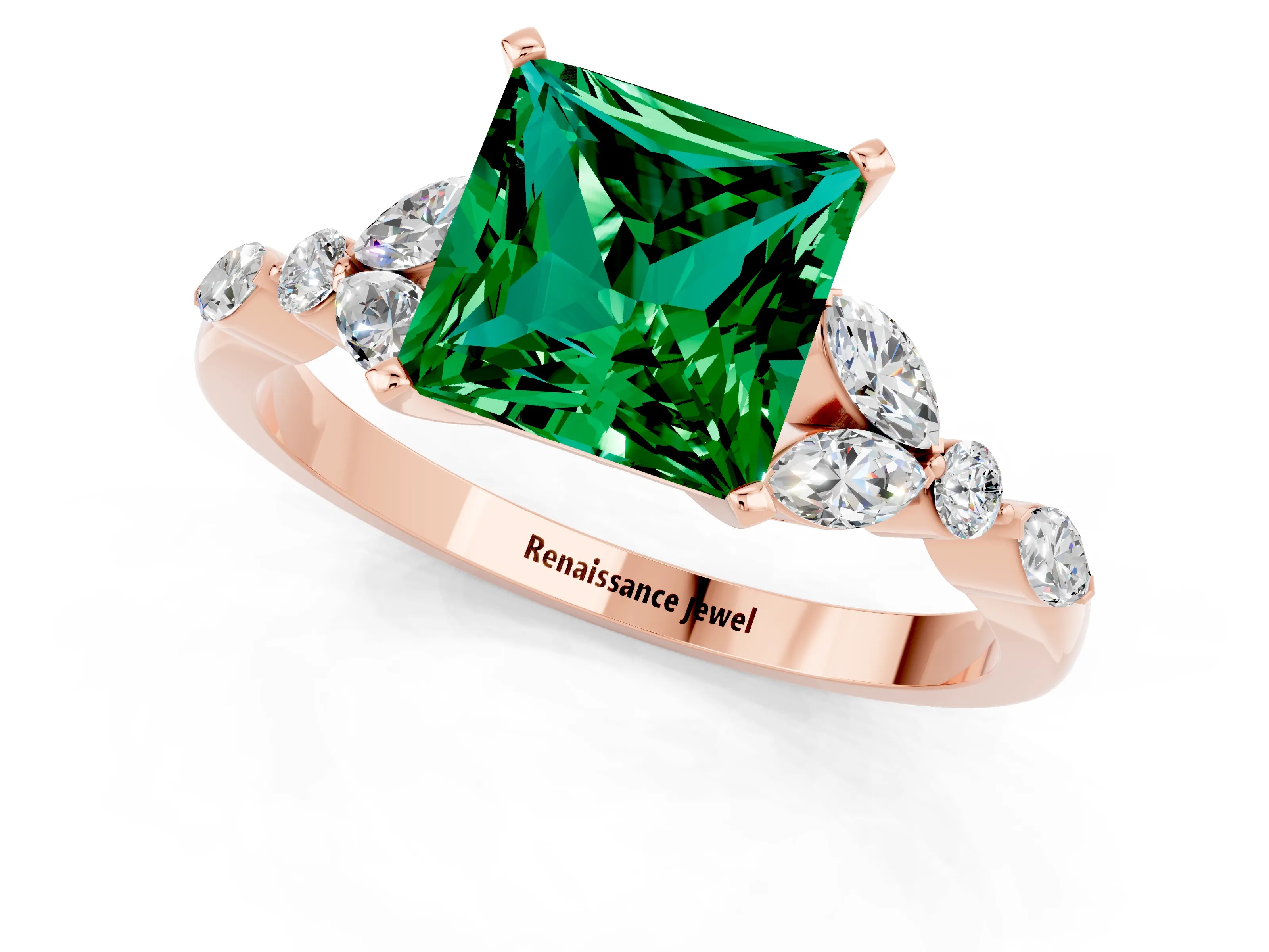 Rose gold Princess Cut Emerald Solitaire Ring with Side Stones and Four-Prong Setting_13