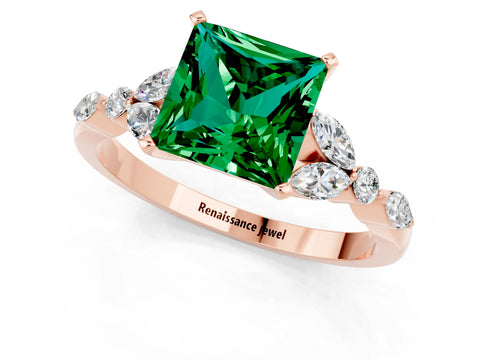 Rose gold Princess Cut Emerald Solitaire Ring with Side Stones and Four-Prong Setting_13