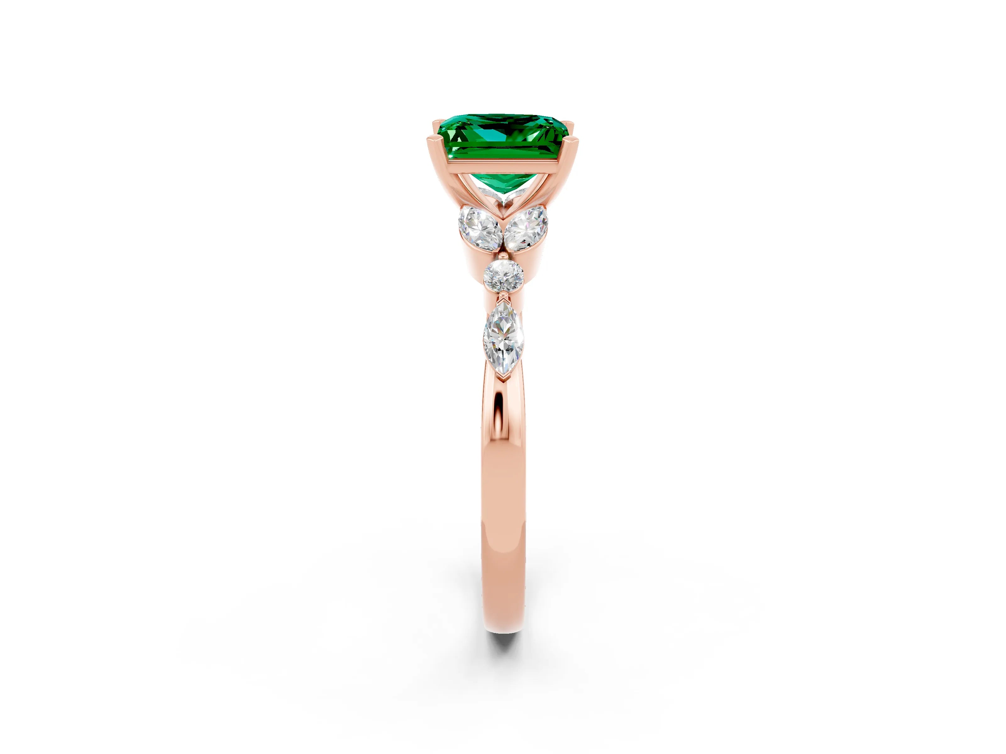 Rose gold Princess Cut Emerald Solitaire Ring with Side Stones and Four-Prong Setting_14