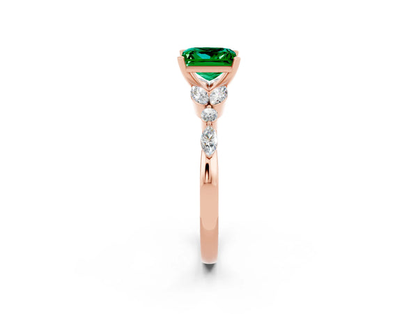 Rose gold Princess Cut Emerald Solitaire Ring with Side Stones and Four-Prong Setting