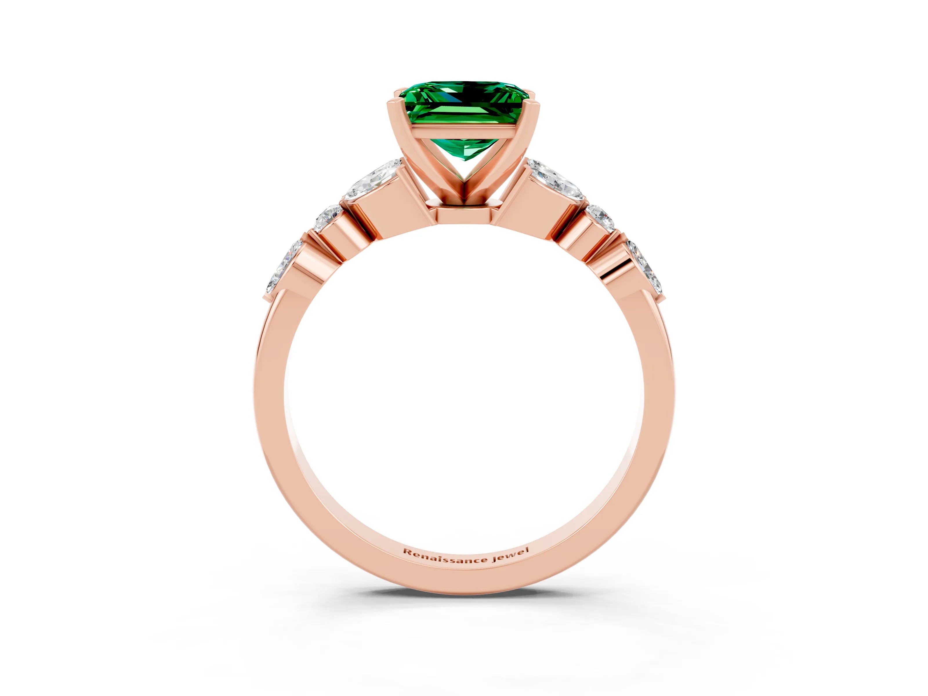 Rose gold Princess Cut Emerald Solitaire Ring with Side Stones and Four-Prong Setting_15