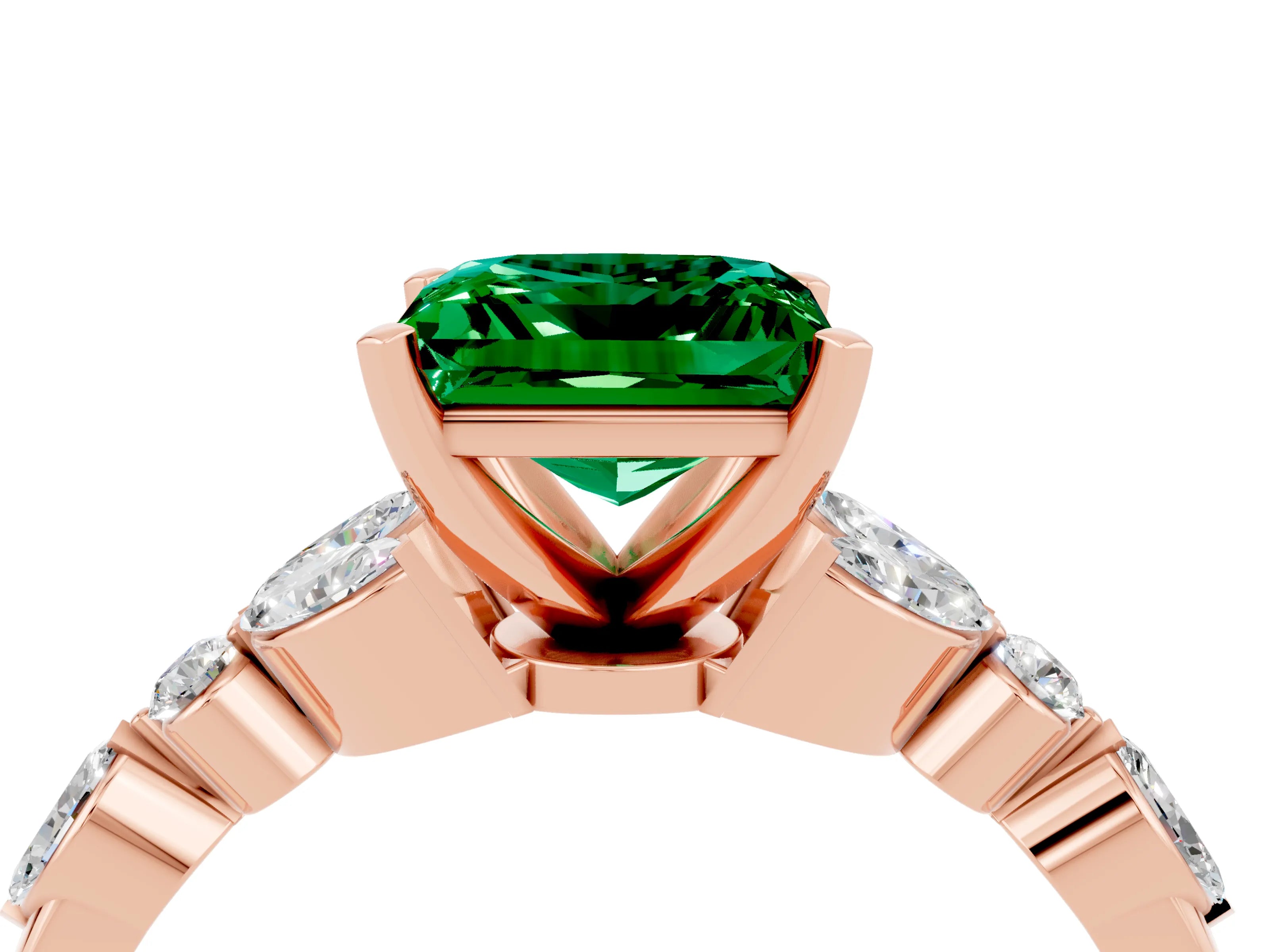 Rose gold Princess Cut Emerald Solitaire Ring with Side Stones and Four-Prong Setting_16