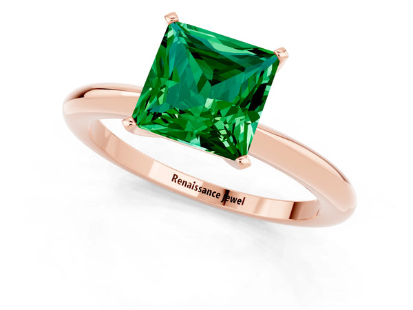 Rose gold Princess Cut Emerald Solitaire Ring with Six-Prong Setting and Classic Band