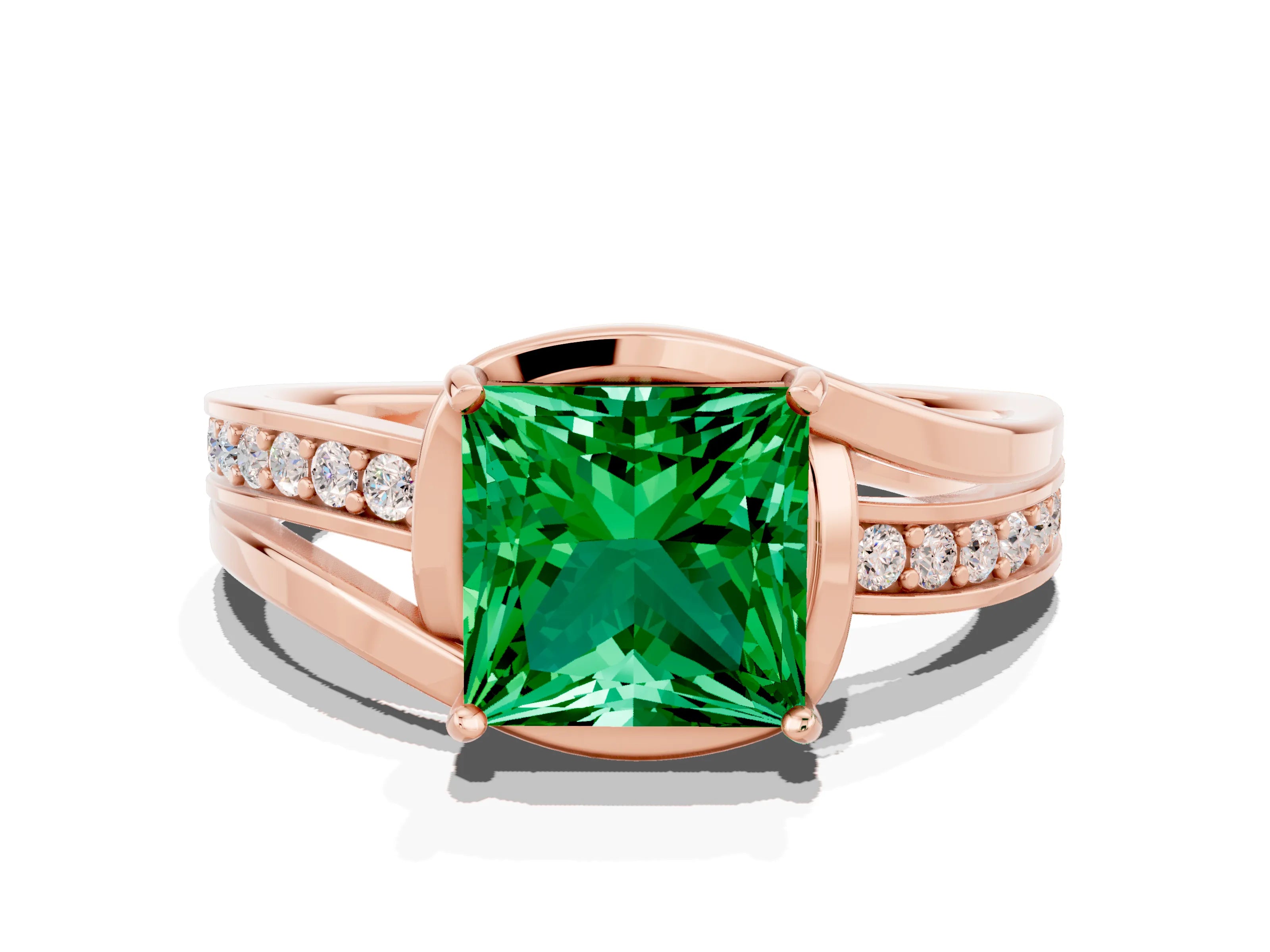 Rose gold Princess Cut Emerald Solitaire Ring with Split Shank and Prong Setting