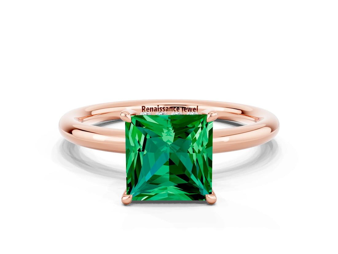 Rose gold Princess Cut Emerald Solitaire Ring with Thin Band and Four-Prong Setting