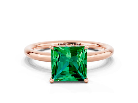 Rose gold Princess Cut Emerald Solitaire Ring with Thin Band and Four-Prong Setting